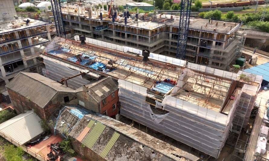 Exterior of Midland Mill fully scaffolded during heritage restoration in Leeds